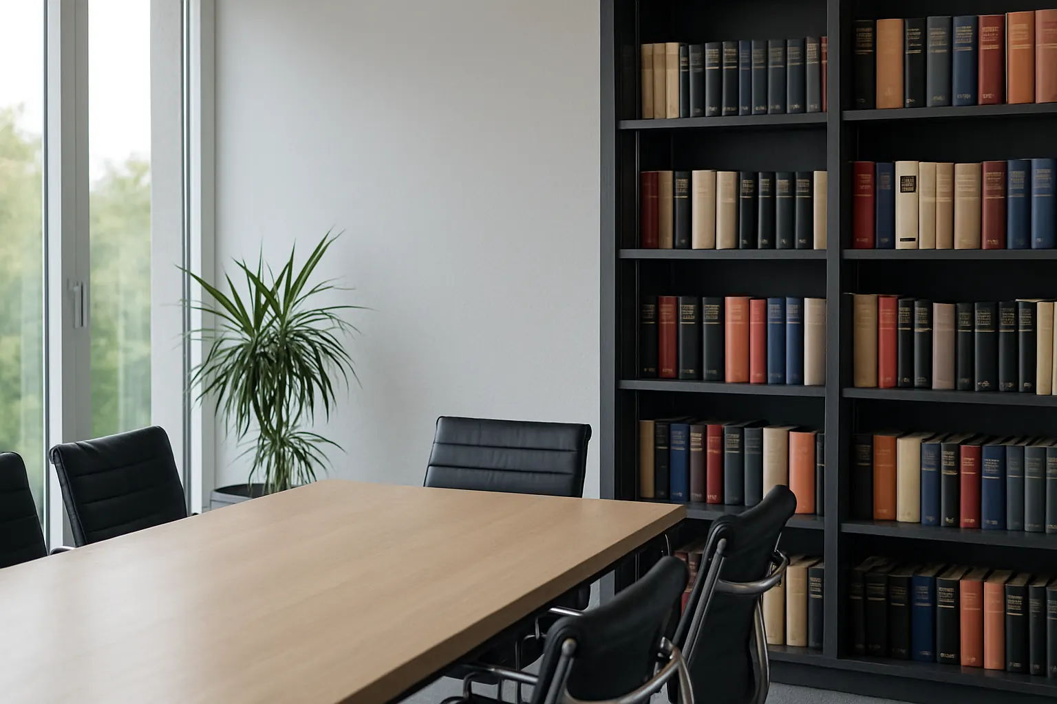 Besprechungsraum mit Konferenztisch und Bücherregal voller juristischer Bände (KI-generiertes Symbolbild)